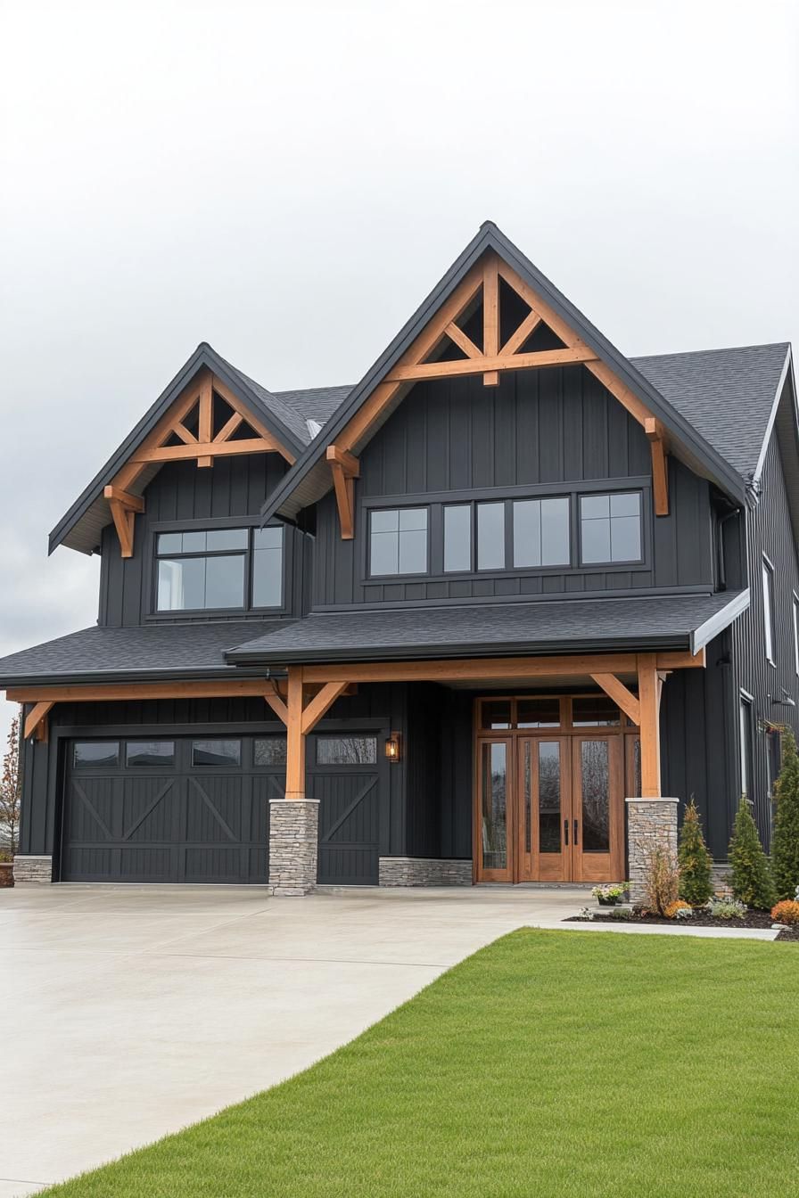 large dark grey shouse barndominium large porch with natural wood beams garage doors in natural cedar modern windows wide driveway landscape with