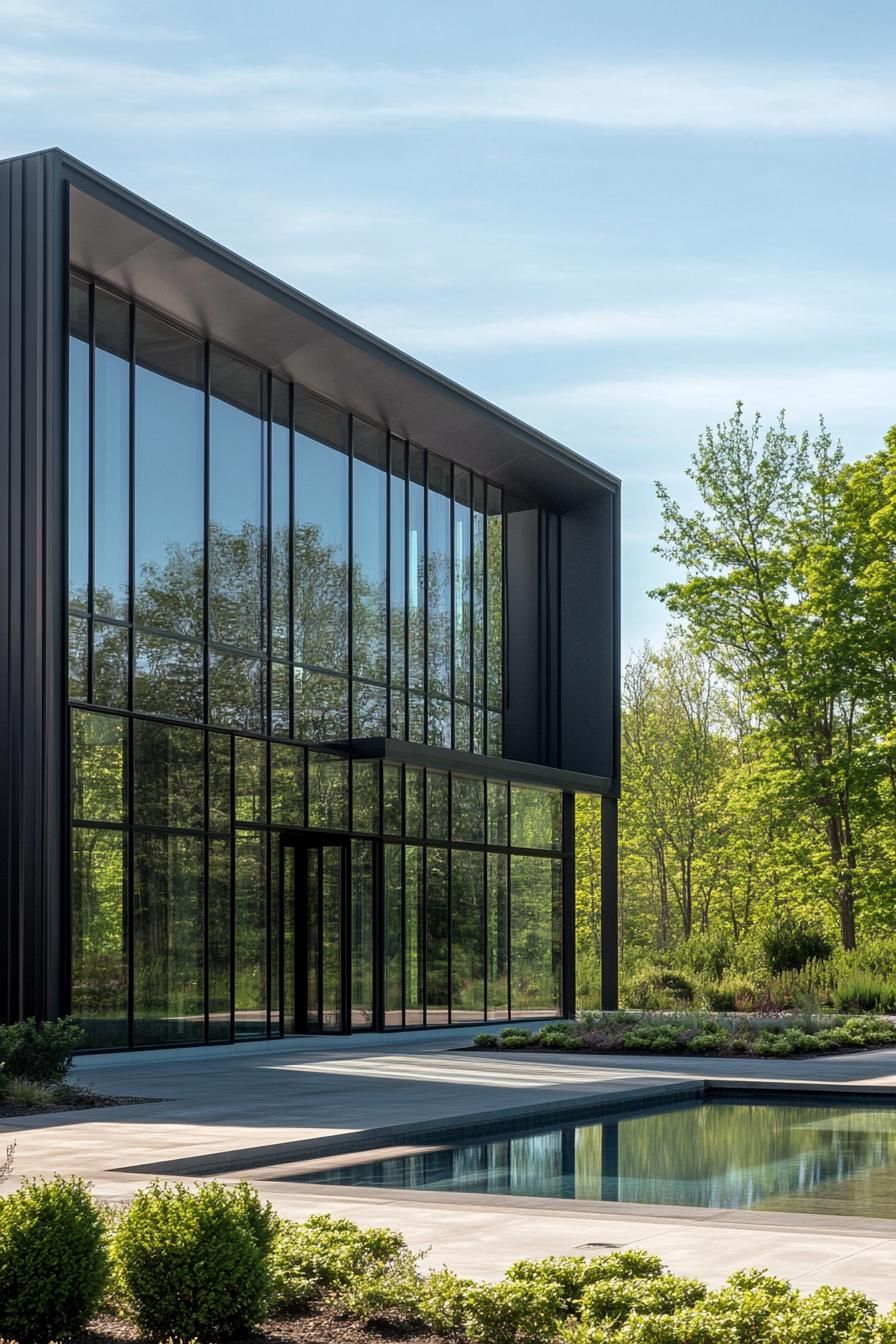 Modern house with large glass windows surrounded by greenery