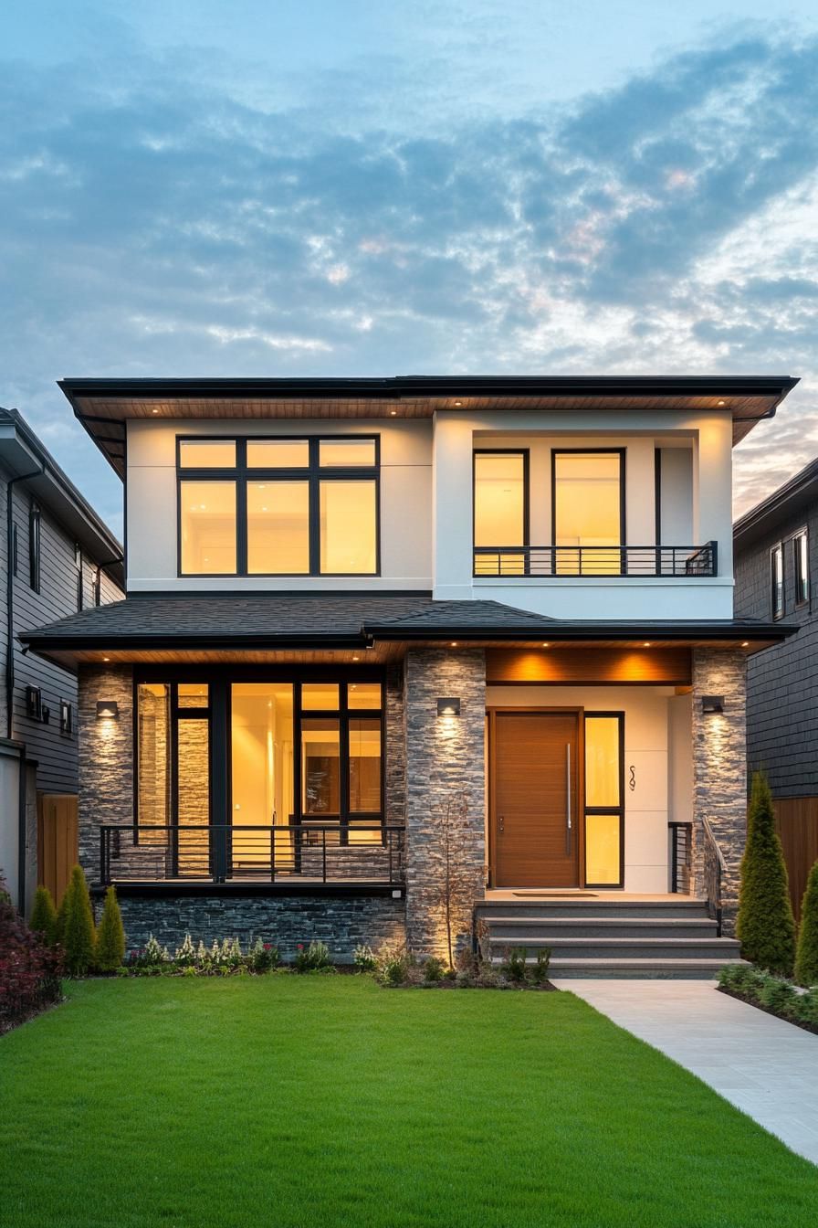 Modern two-story house with large windows and stone accents