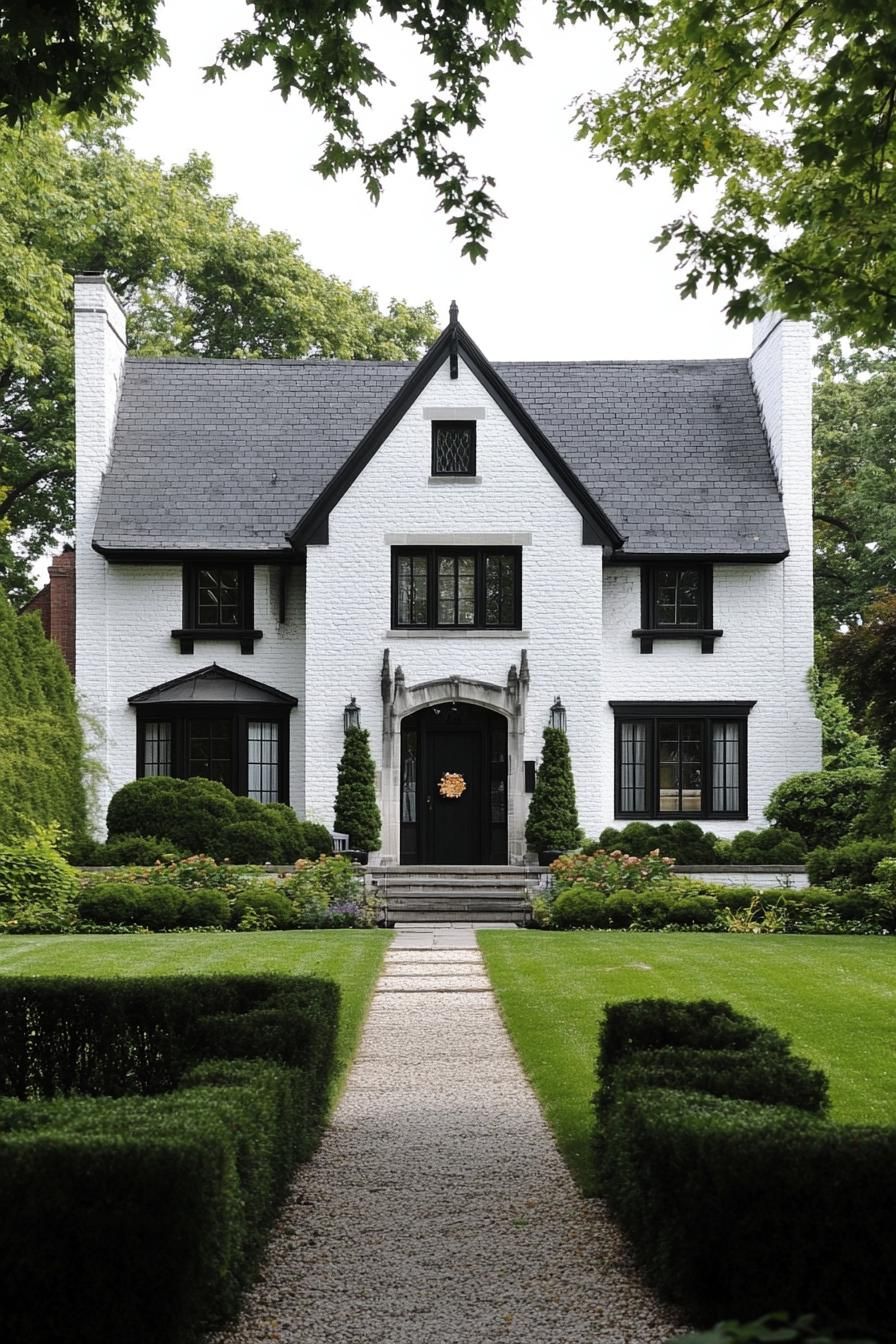 White Tudor house with black accents and lush garden