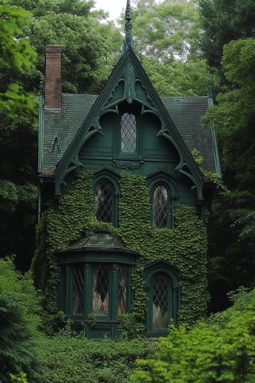 Gothic cottage with ivy-covered walls and arched windows