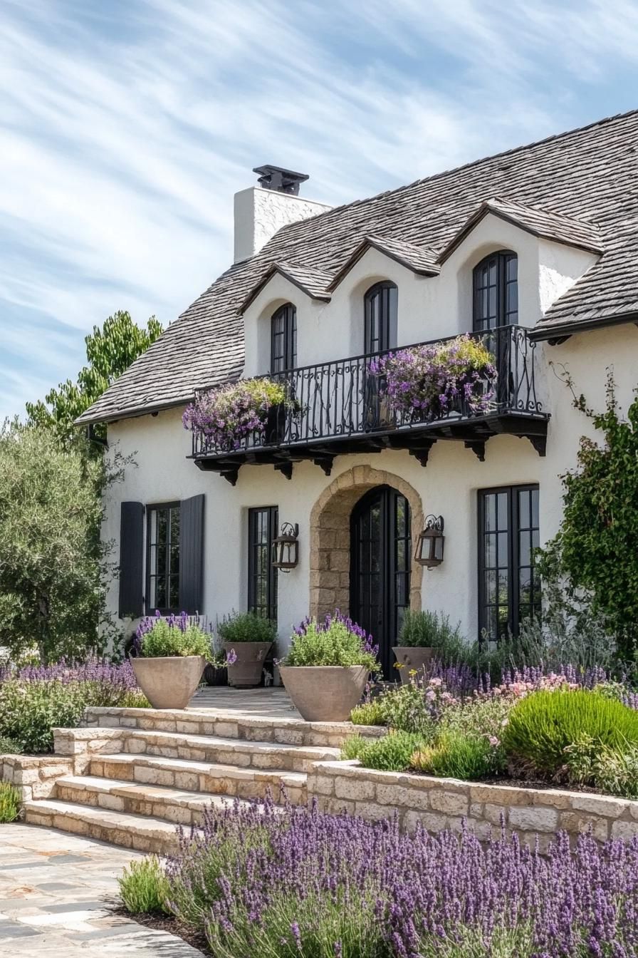 french white cottage with grey stone tile roof with dormers iron balconies with flowers stone brick foundations front yard with steps geometric