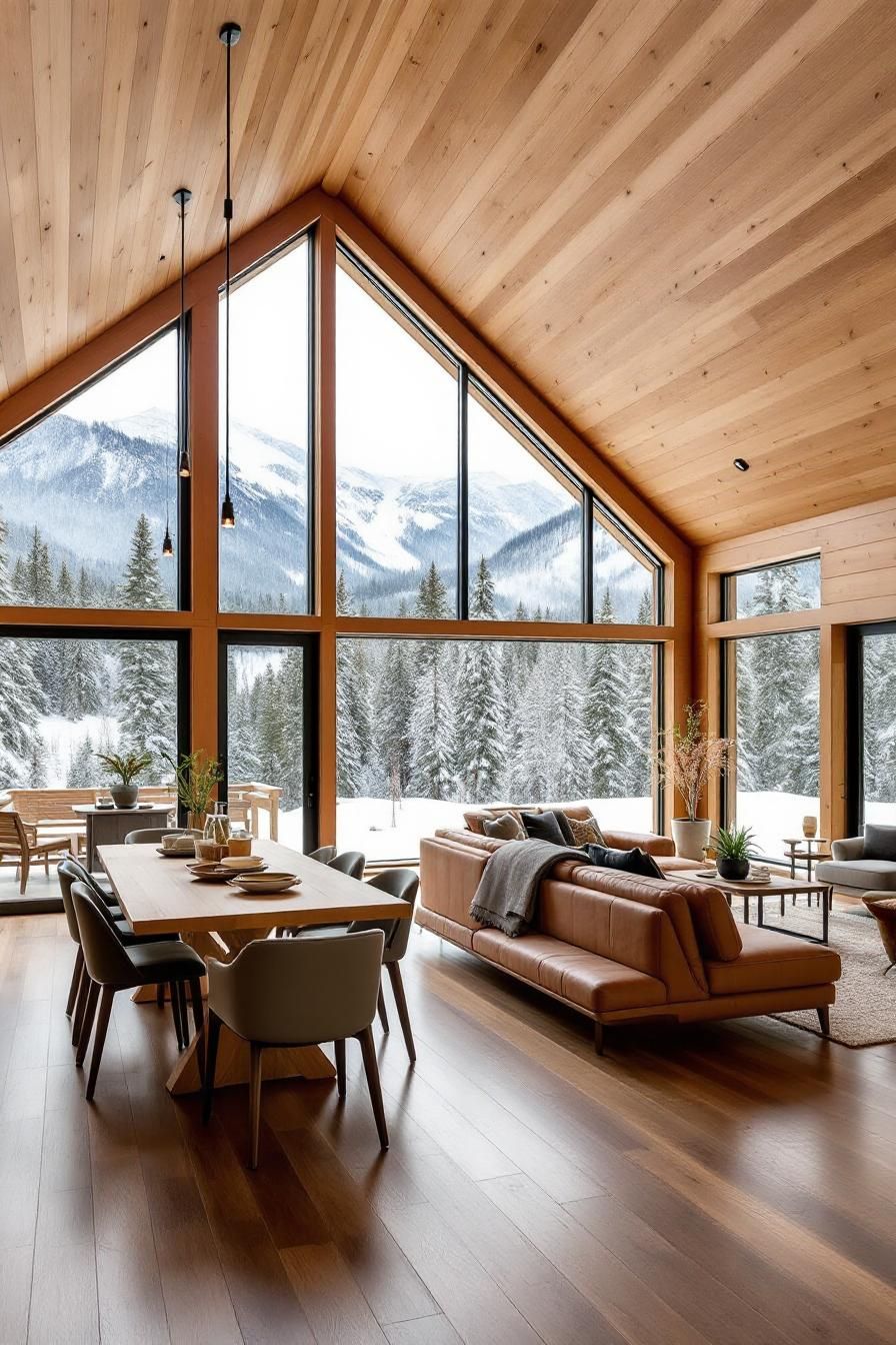 Sunny cabin interior with large windows and snowy mountain view