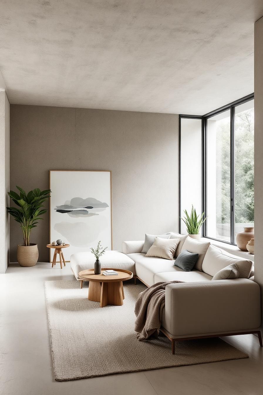 Minimalist living room with neutral tones and cozy accents