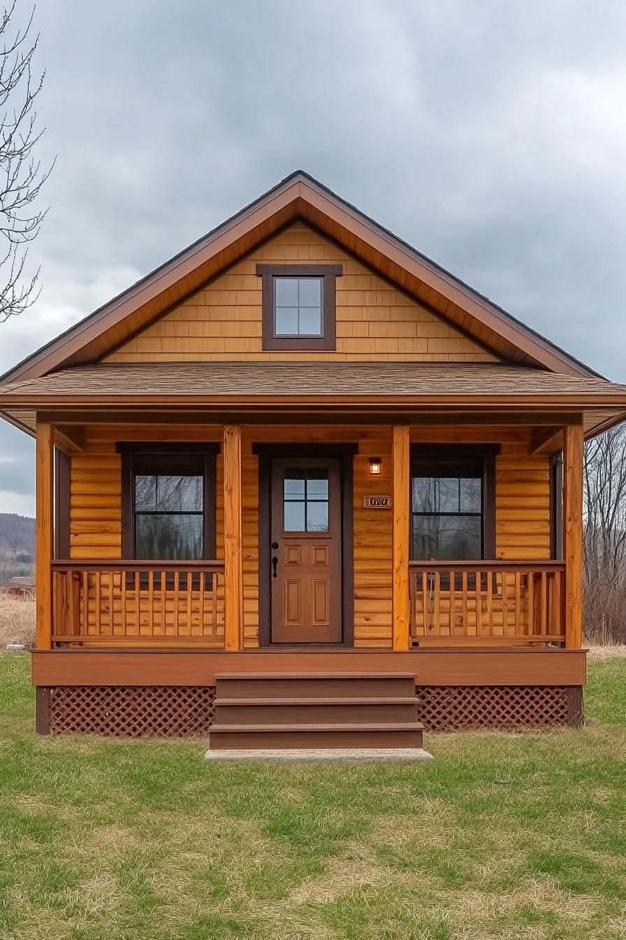 Small wooden cabin with front porch and gabled roof