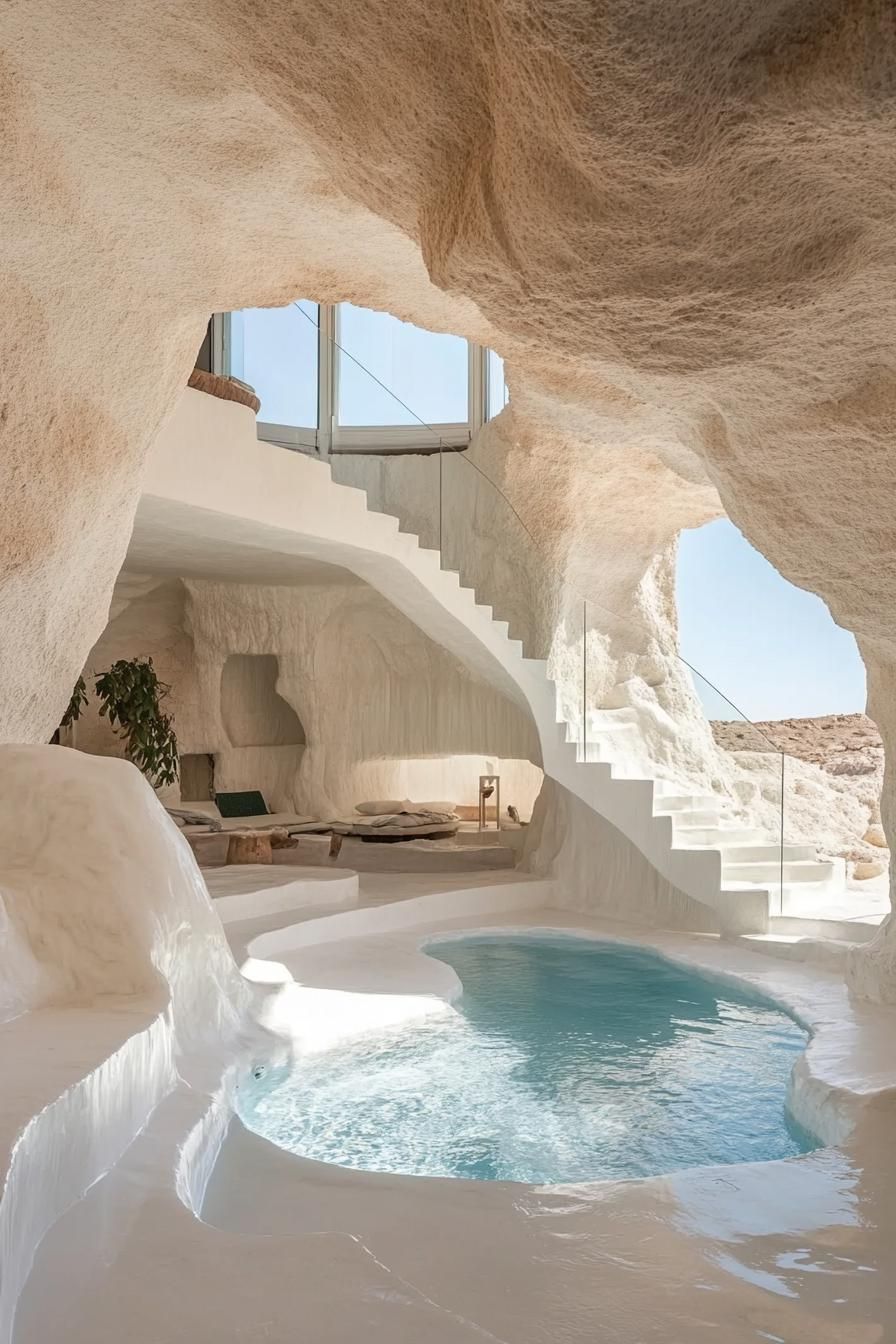 desert cave home with whitewashed walls center pool stairs with glass railings windows overlook desert and distant sea 3