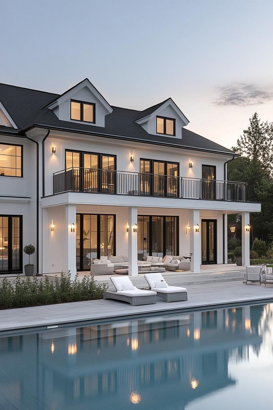 frontal view of a modern white villa house with large second floor terraces and glass railings large black trim windows large eaves with LED lights 2