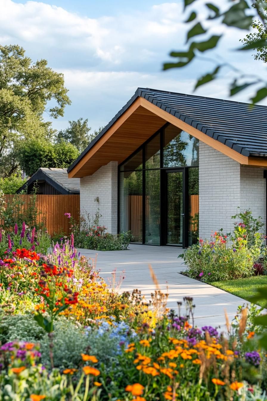 Modern house with lush garden, large windows, and a slanted roof