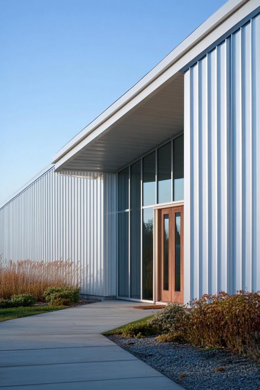 Modern long house with a white exterior and large windows