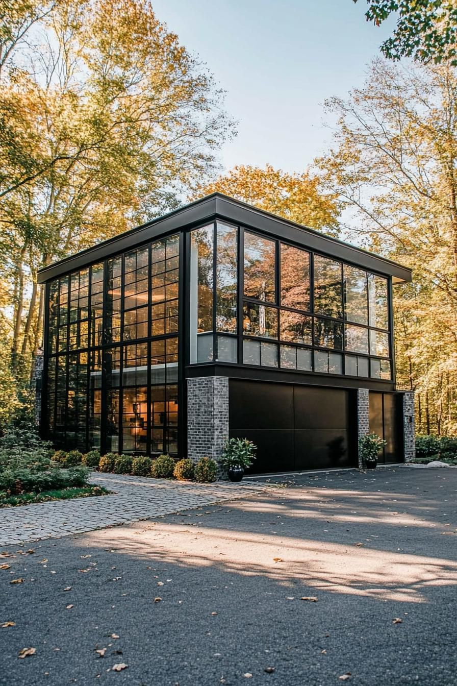 modern glass house with black and white framing garage asphalt driveway 1