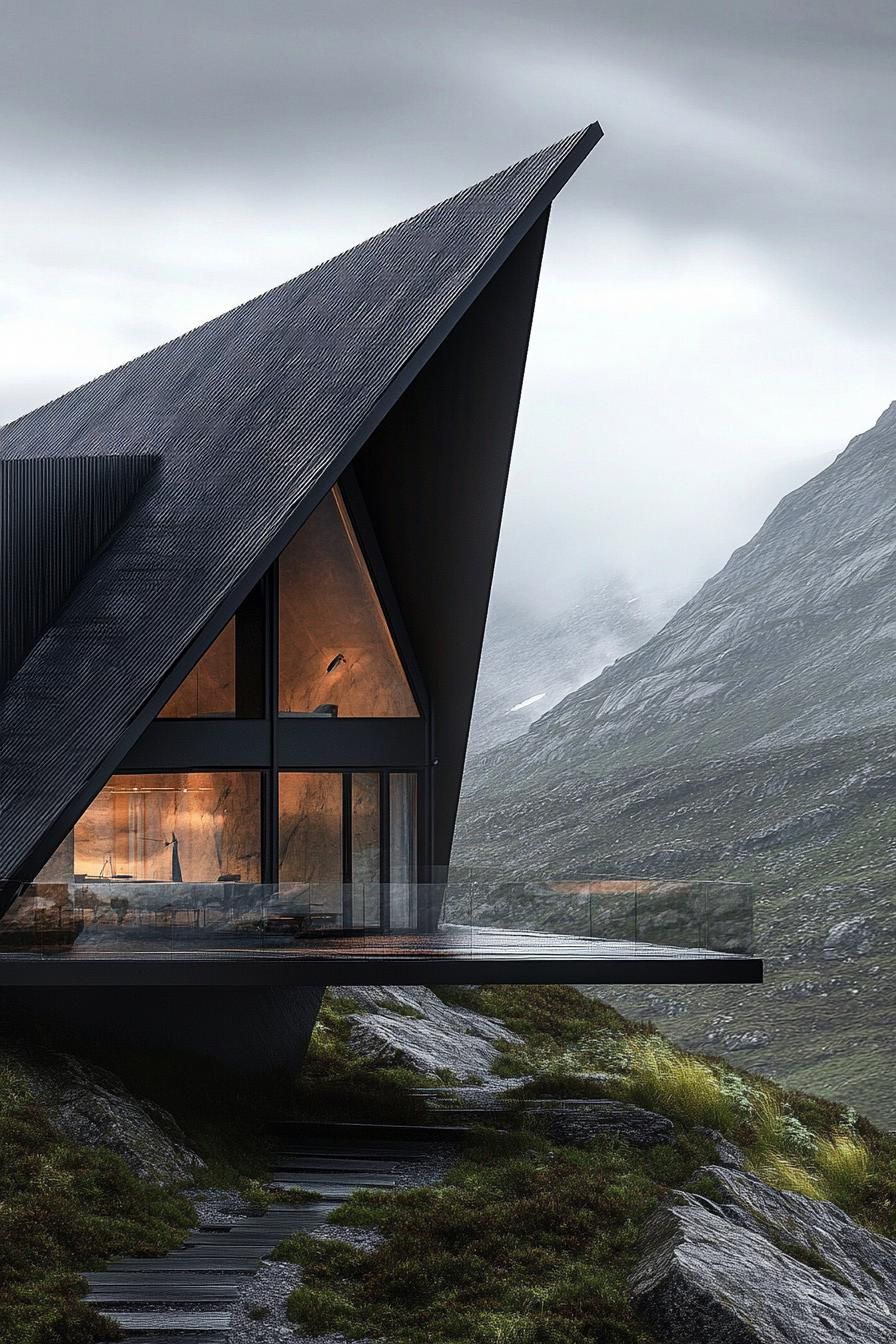 Modern home with a sharp triangular roof in a misty mountain setting