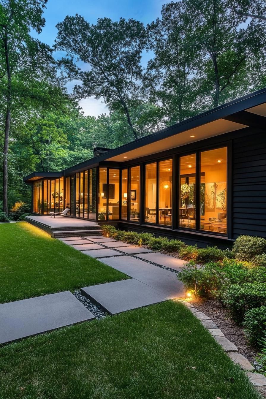 Long house surrounded by trees with illuminated windows