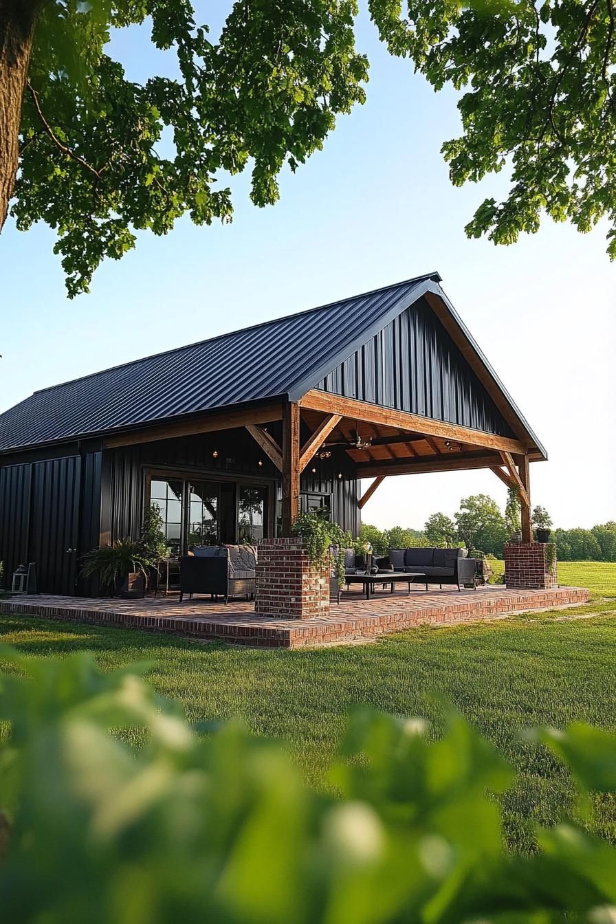 large metal shouse barndominium with porch with small roof and wooden beam posts on brick foundations outdoor furniture scenic Nordic landscape