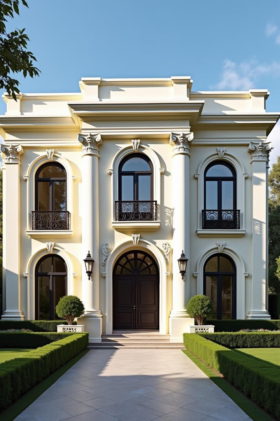 Elegant mansion with stylized columns and verdant hedges