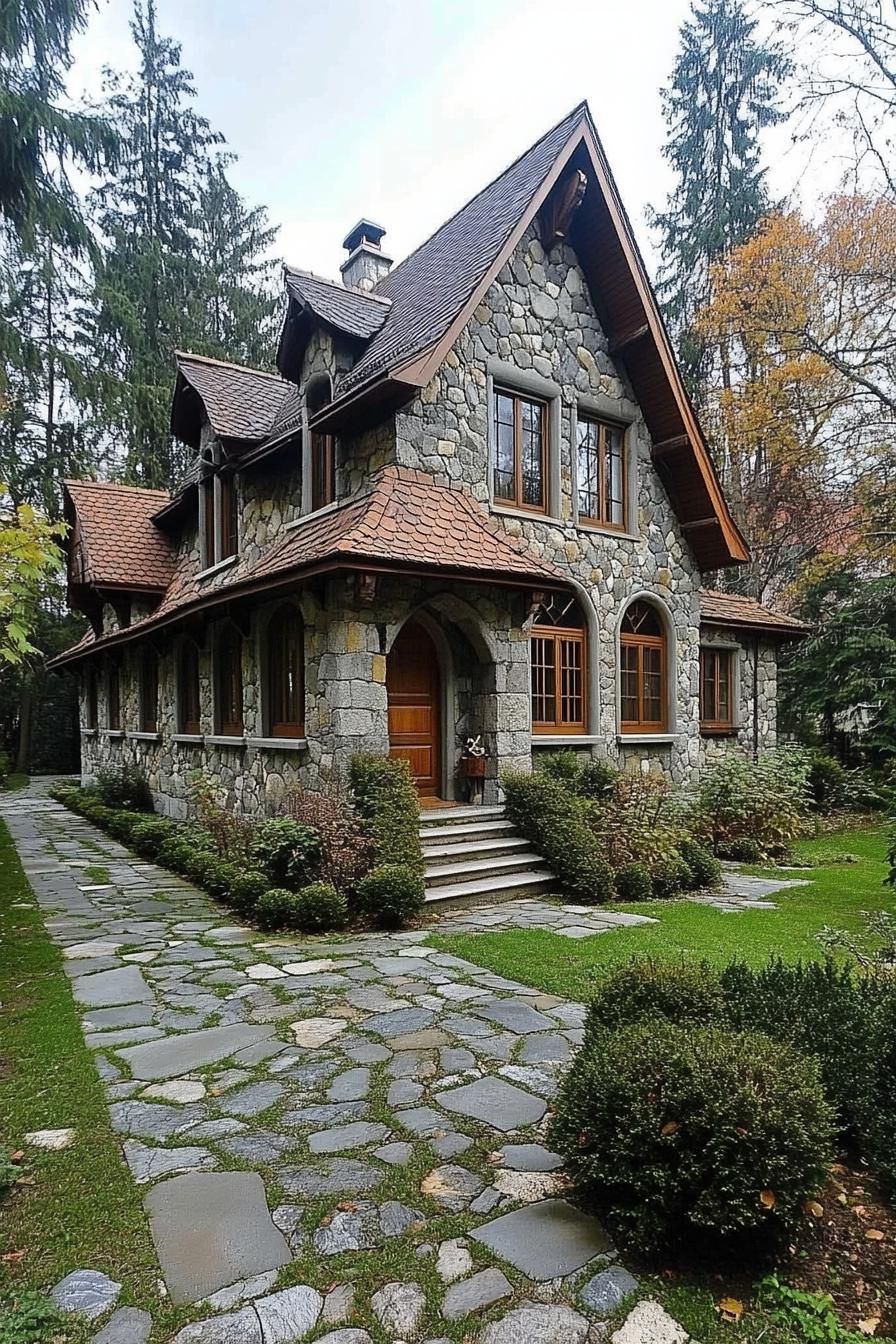 Charming stone cottage with rustic wooden accents and lush garden pathway