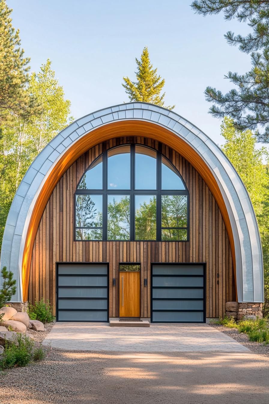 Modern Quonset-style home with large windows set in nature