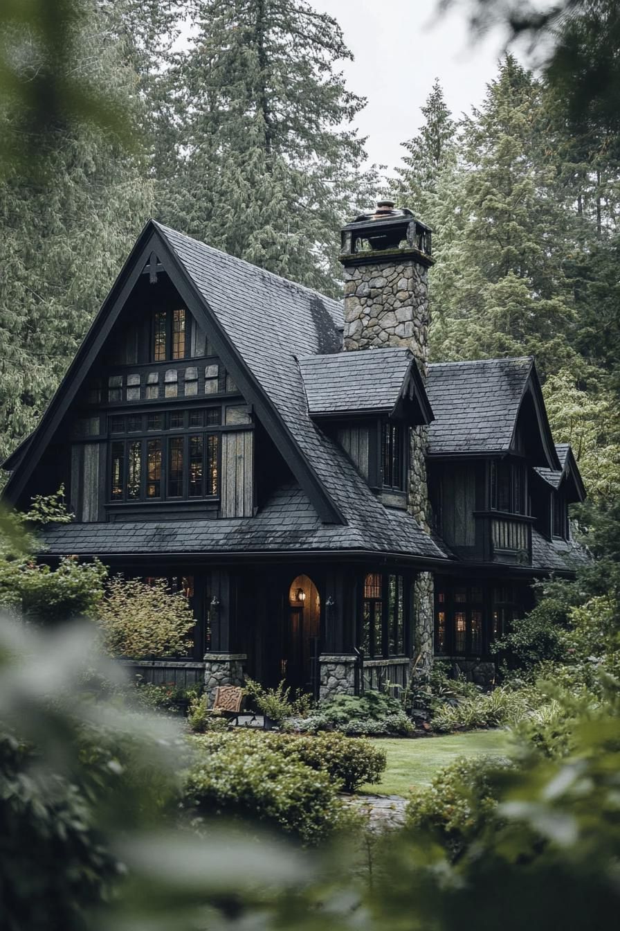 Charming dark cottage nestled in dense forest