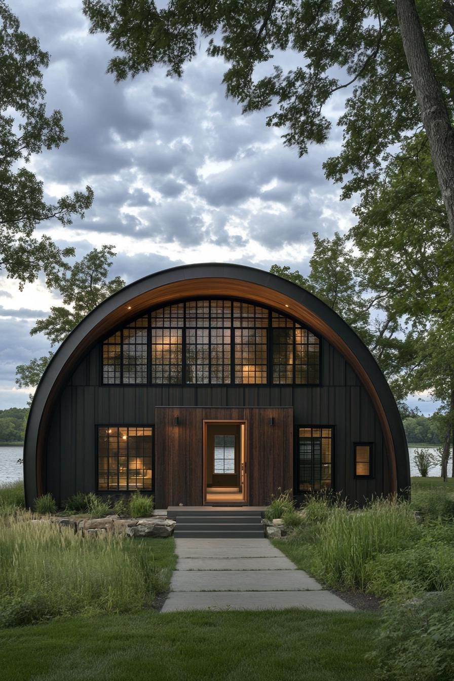 Modern Quonset hut nestled in lush greenery by a lake