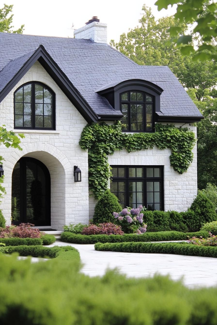 A cozy stone house with lush greenery