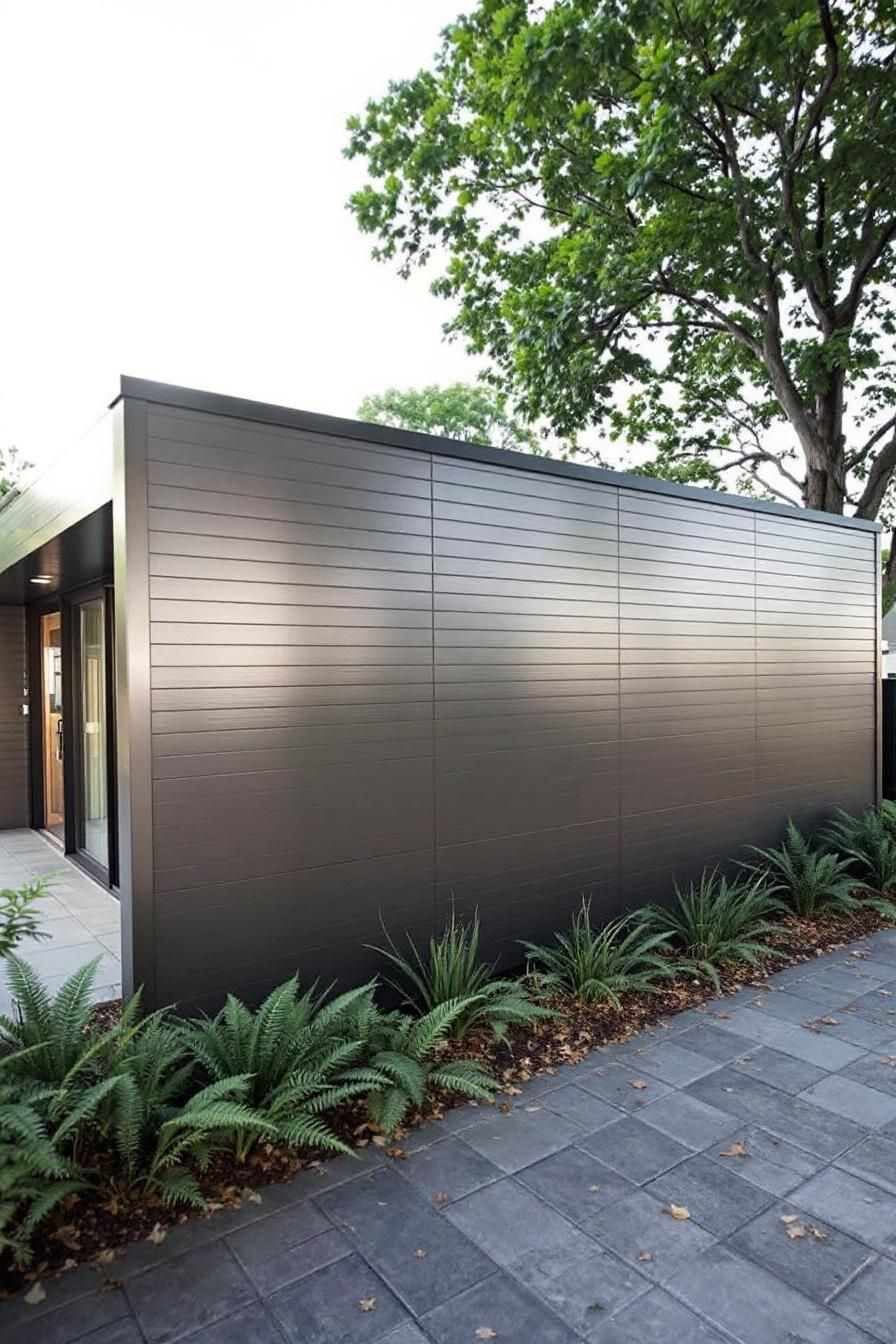 Minimalist modern facade with cladding and greenery