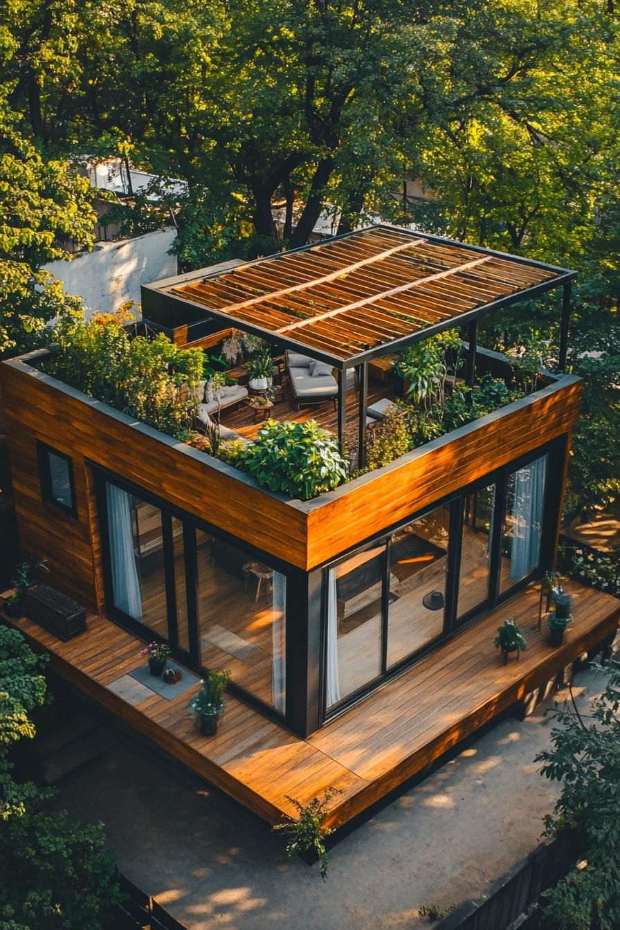 top view of a tiny luxury modern cube house with tiny deck rooftop deck with pergola with plants and outdoor chairs luxury aesthetic v 6.1 1