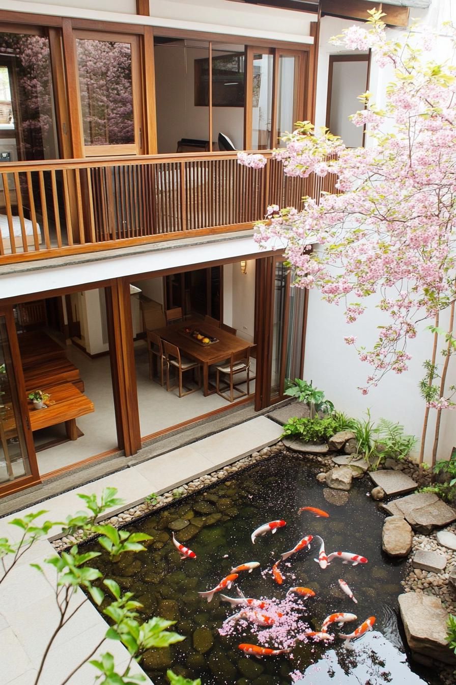 Koi swim in a Japanese courtyard pond surrounded by cherry blossoms