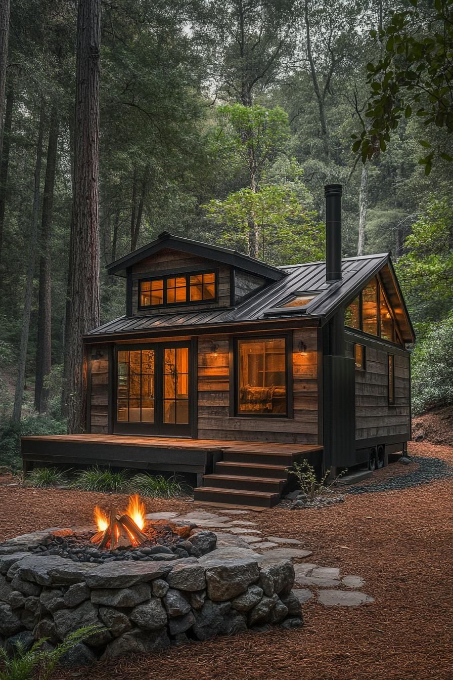 Small rustic cabin with glowing windows and a nearby fire pit in a forest setting