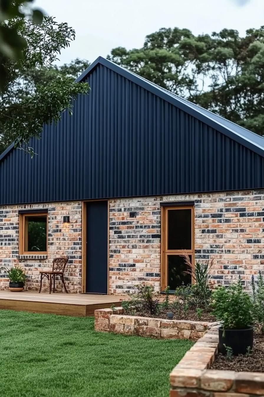 Modern barn house with blue roof and brick walls