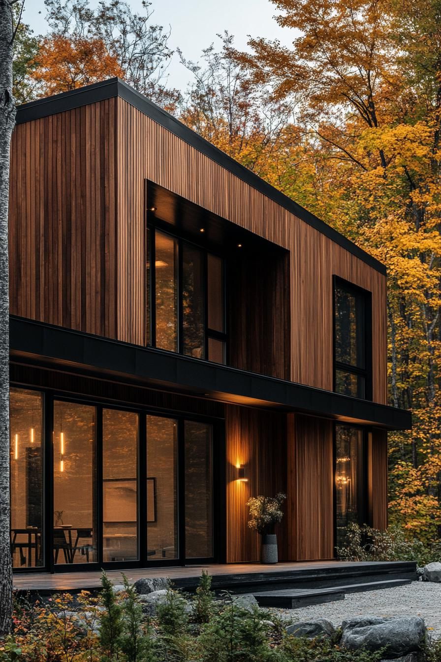 Warm wooden facade with large windows nestled amid autumn trees