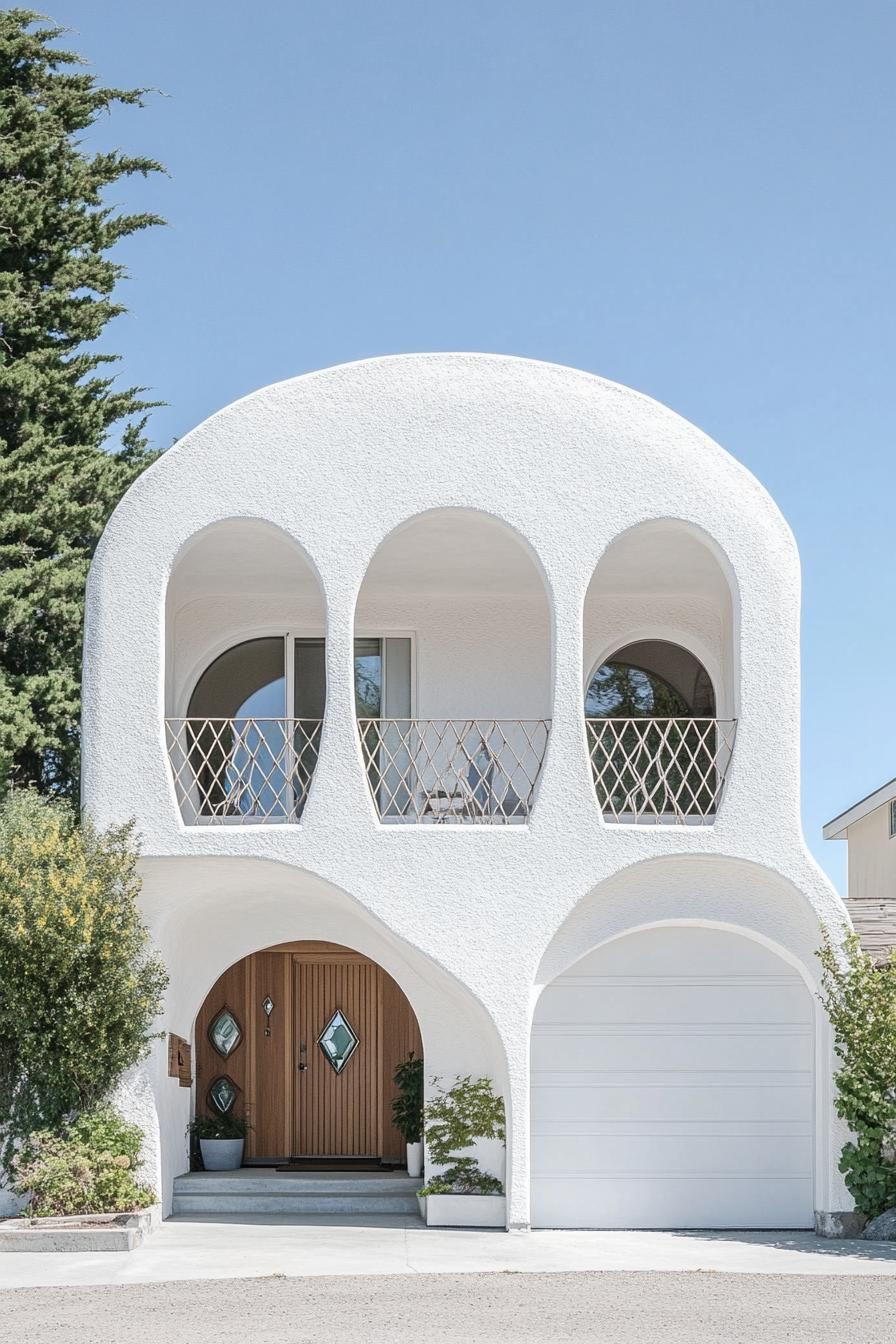 minimalist small white concrete house facade with a row of narrow arches covering balcony and windows under the balcony there is a column of small 2