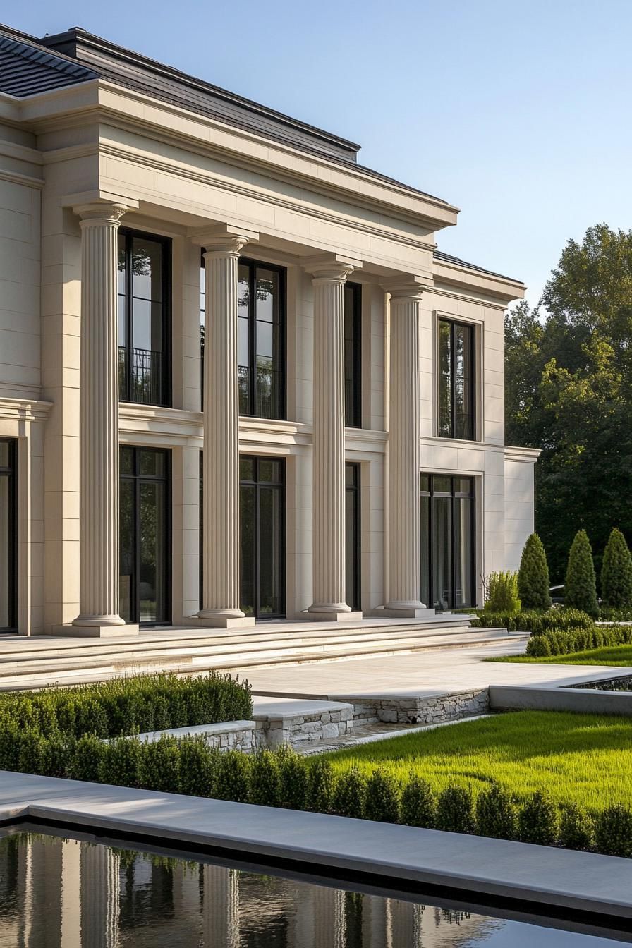 Elegant mansion with tall columns and manicured lawn