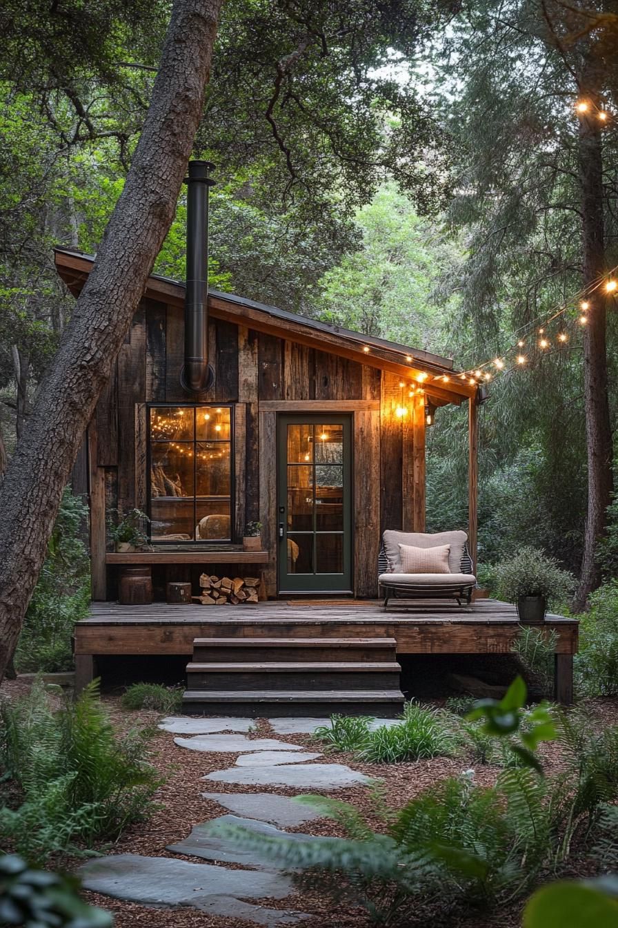 Rustic cabin with warm lights nestled in a forest