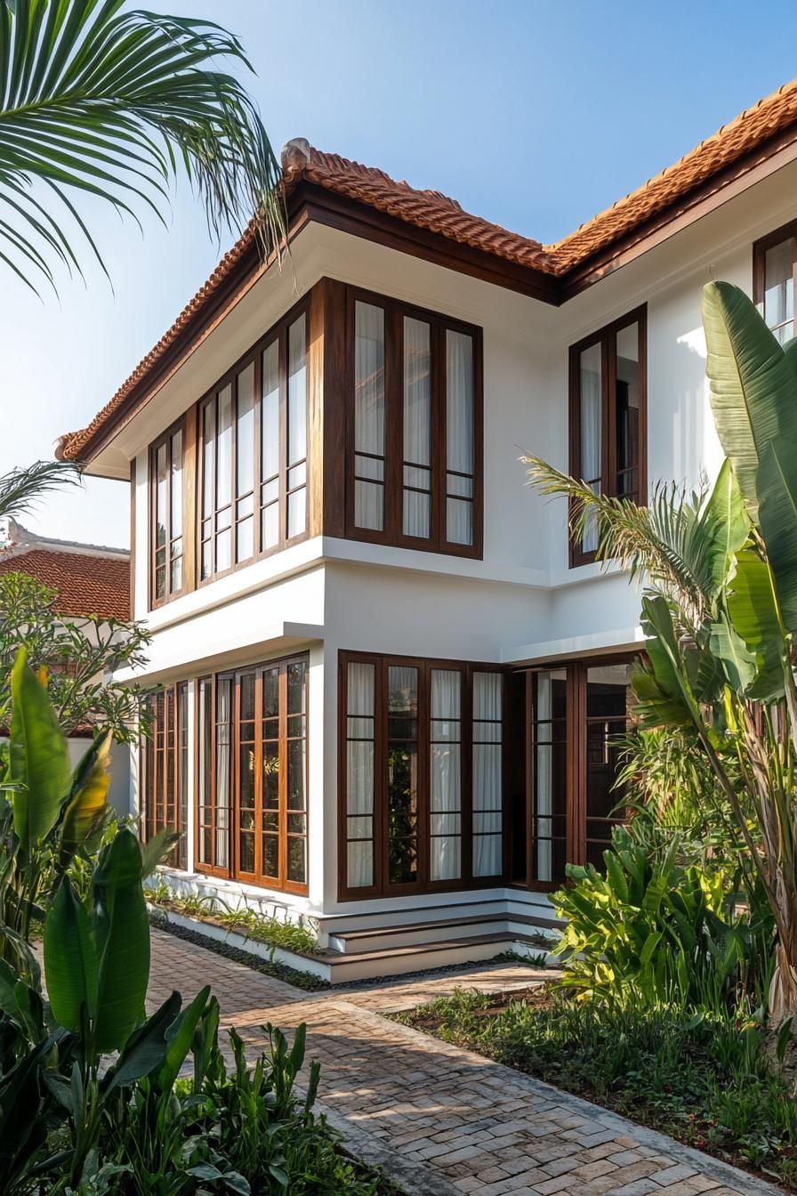 Modern Balinese house with red roof and lush garden