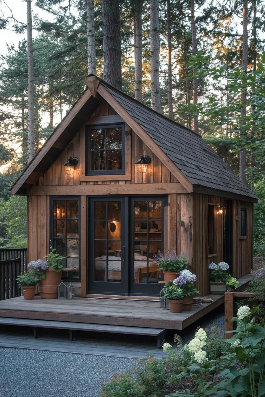 Charming two-story wooden shed amidst lush greenery