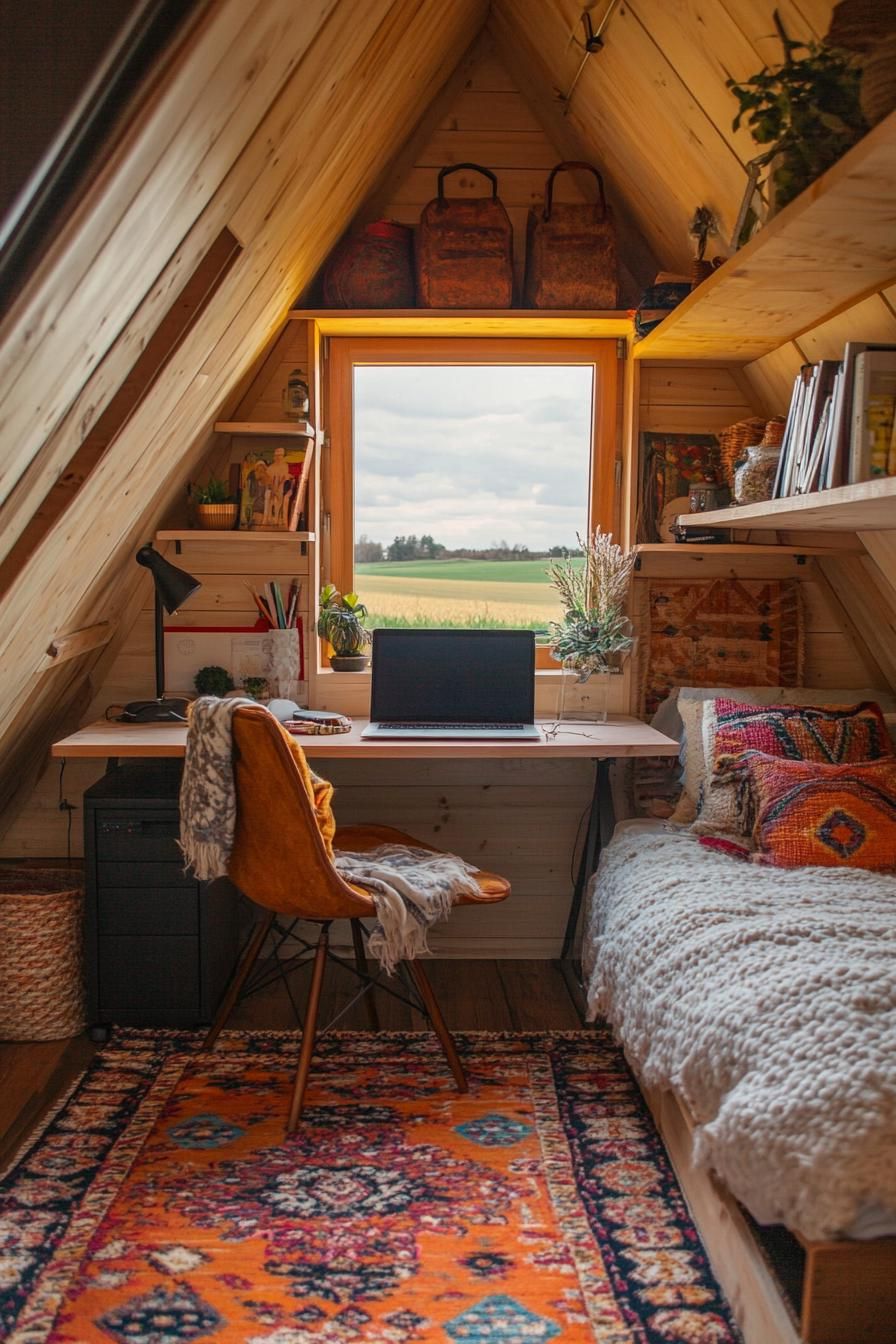 interior of a small wooden cabin a frame ceiling a bed with shelves above a desk with a laptop shelves above desk office chair with throw blanket 1