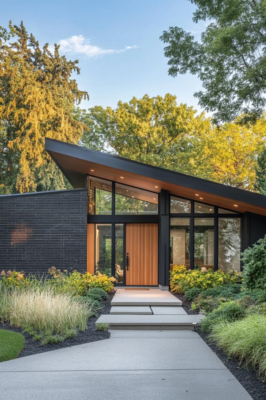 Modern house with skillion roof surrounded by lush greenery