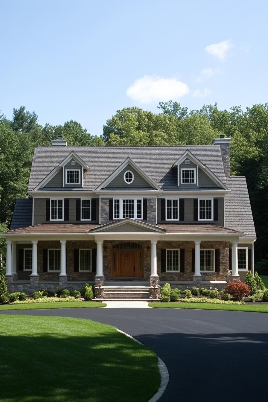 Large suburban house with stone facade and a sprawling front lawn