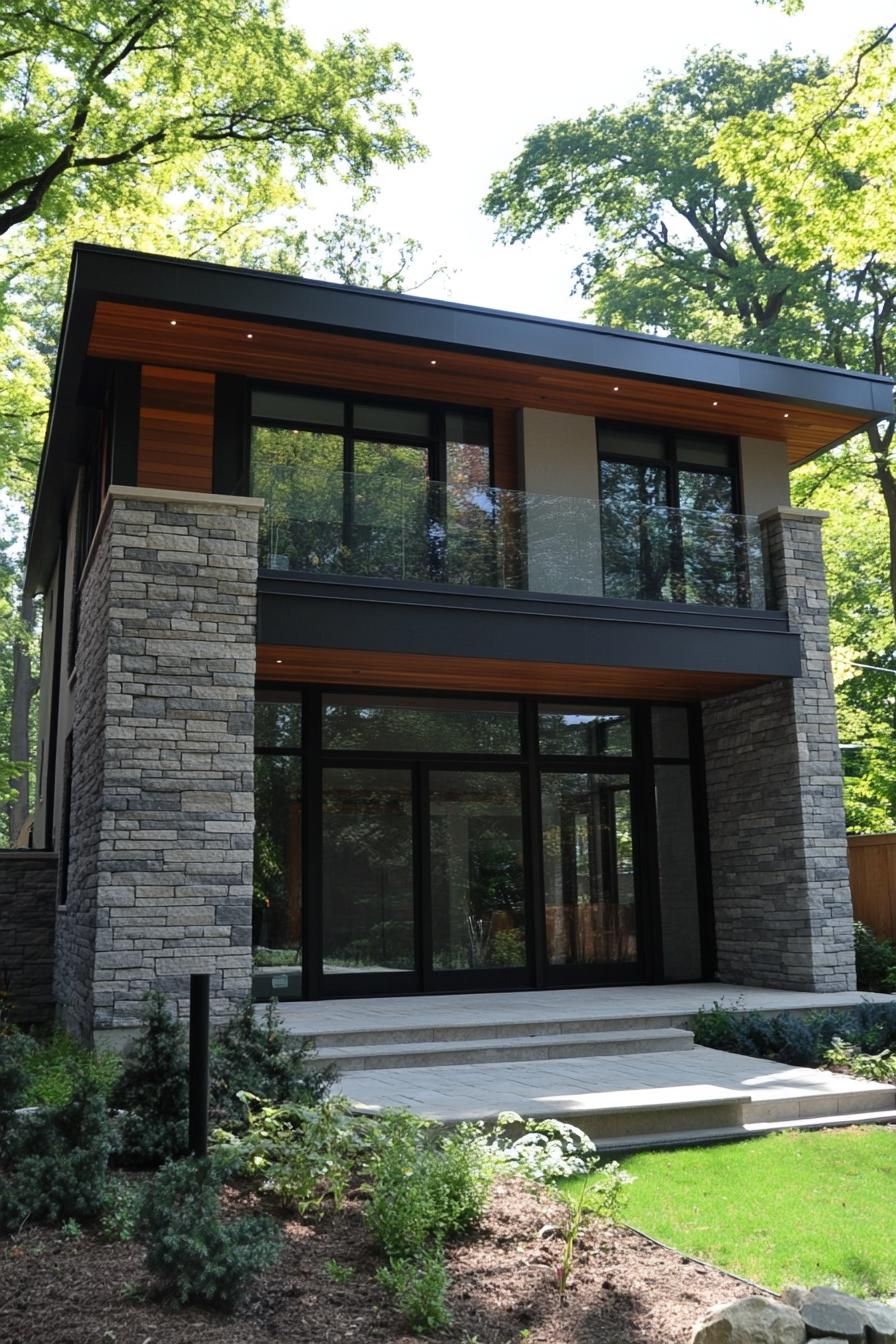 Two-story modern home with stone facade and lush greenery