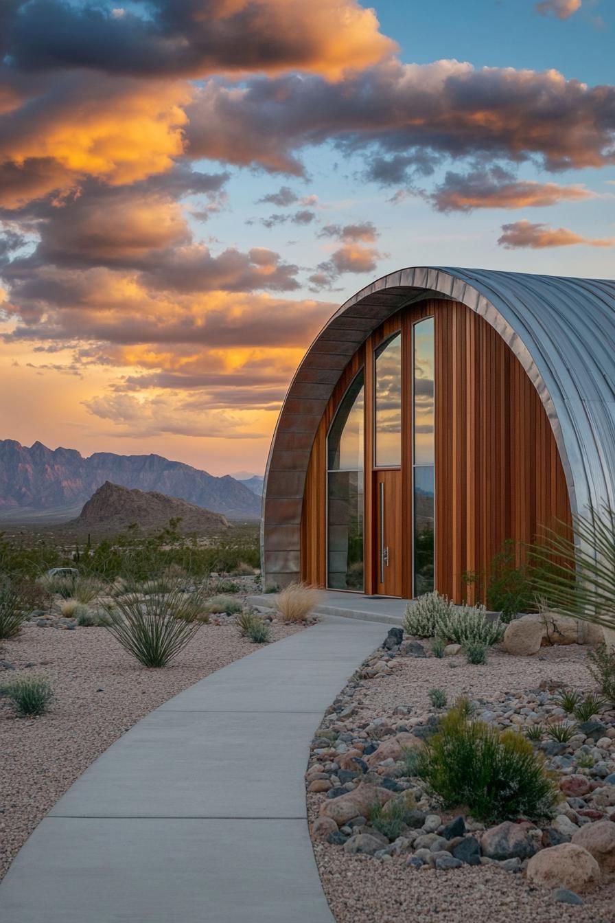 Quonset home nestled in a desert landscape