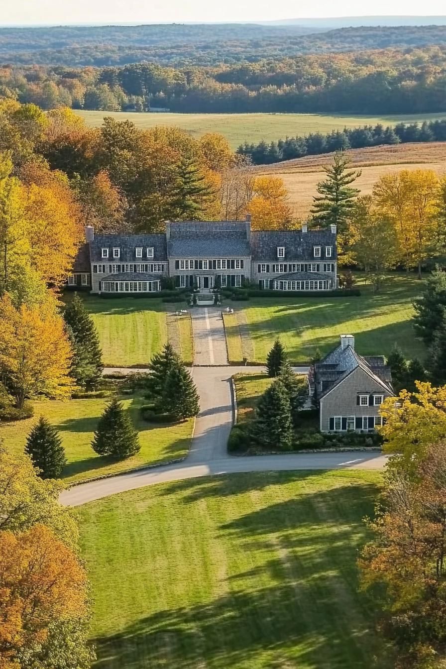 Large estate with lush greenery and charming architecture