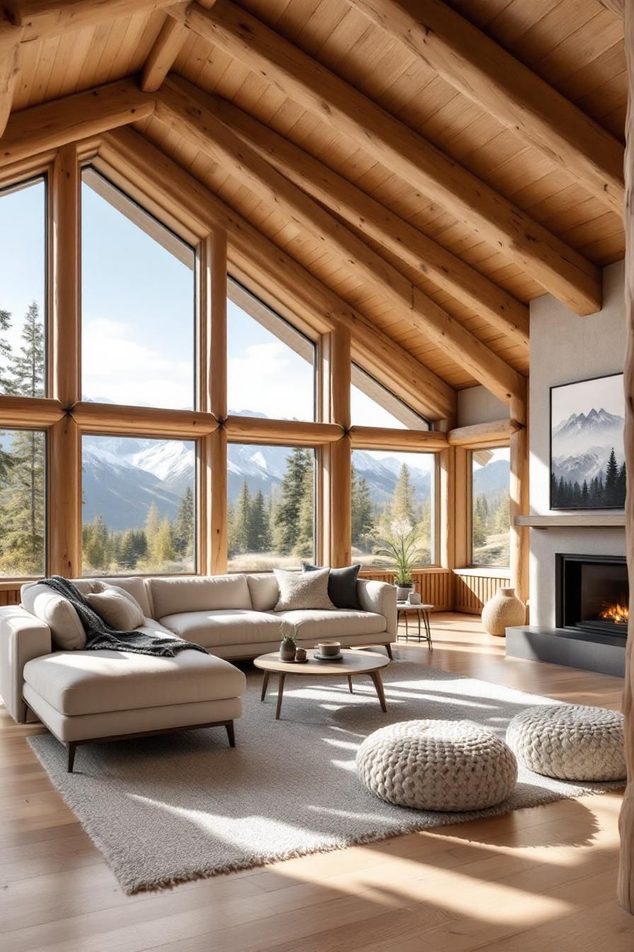 Modern cabin interior with large windows and a scenic mountain view