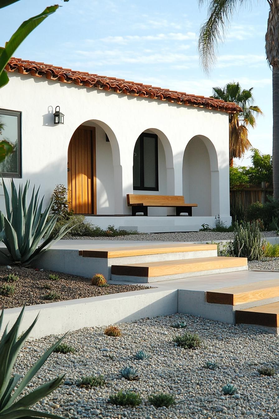 White bungalow with clay tile roof and arched entrance