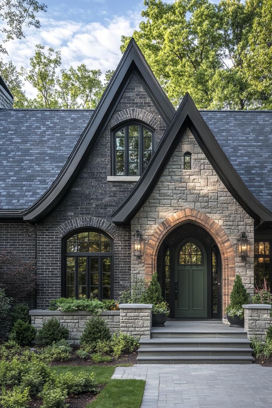 Gothic-inspired stone house with pointed arches and lush greenery