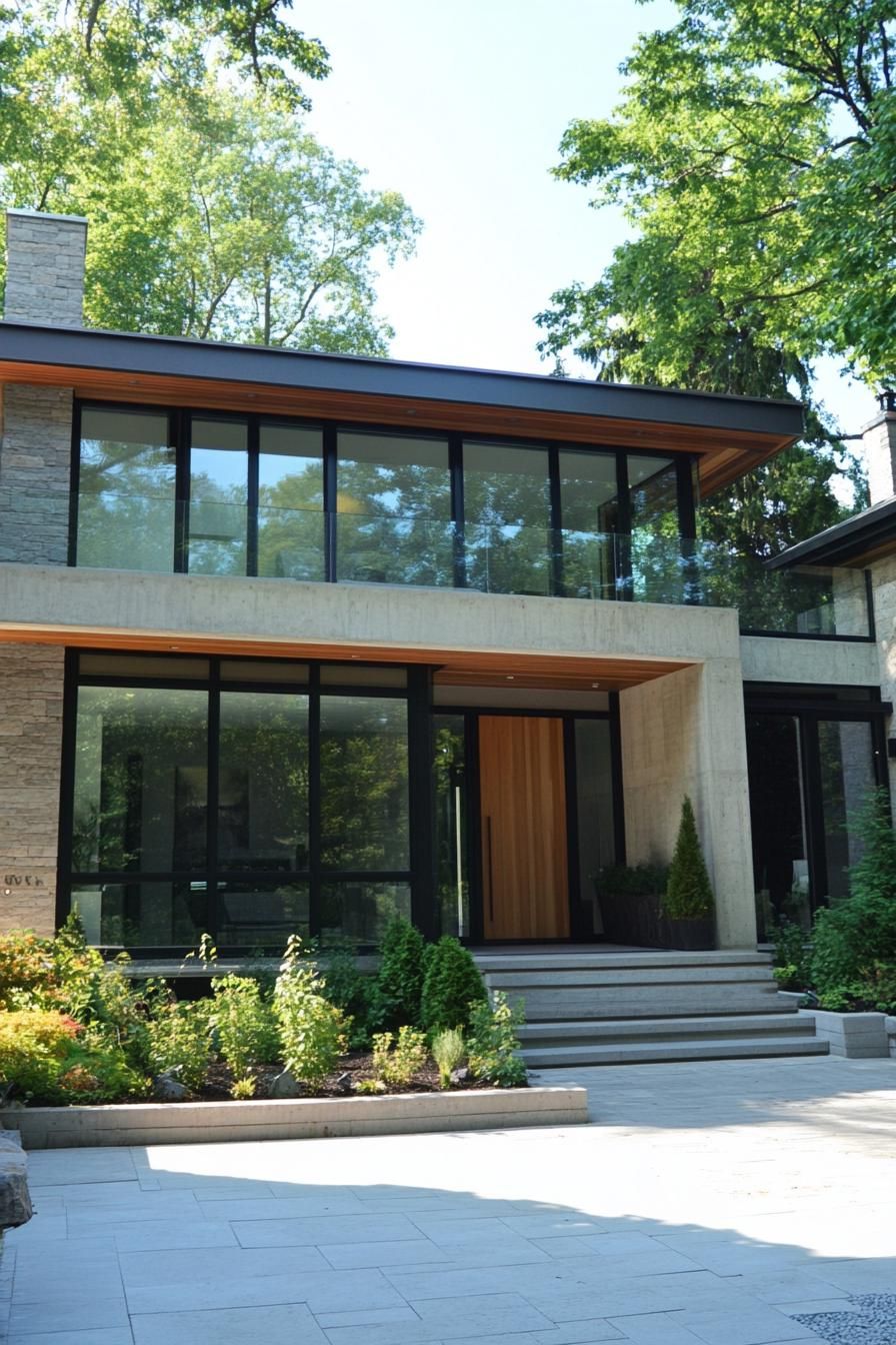 Modern house with glass facade and lush greenery