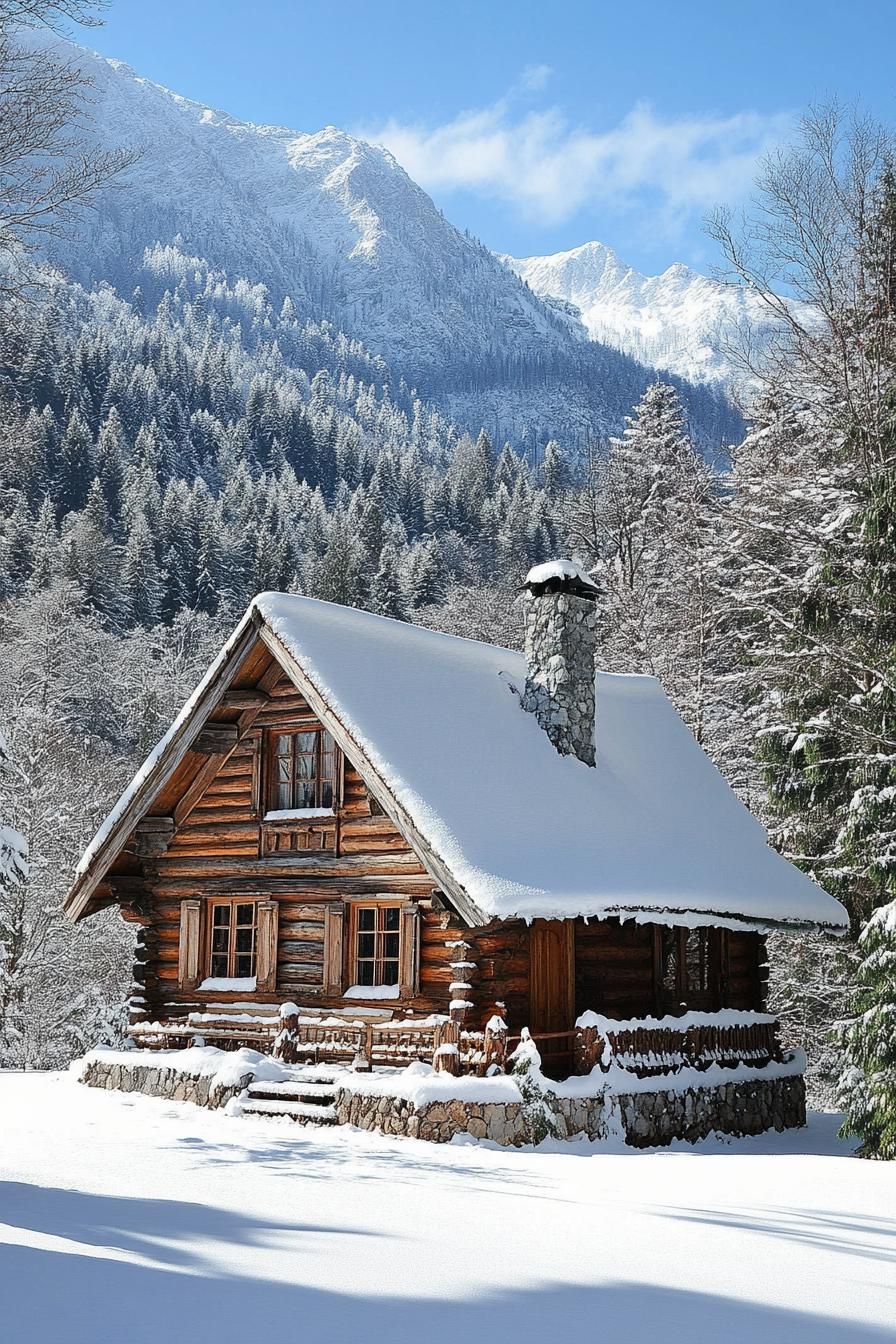 Rustic log cabin surrounded by snow and mountains