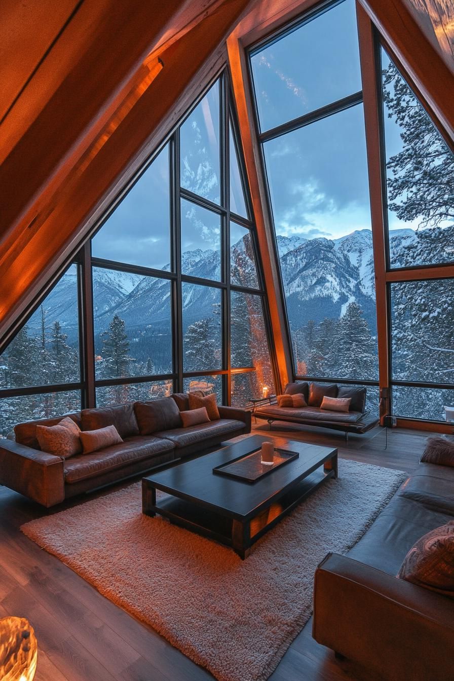 luxury interior of a frame mountain house with full wall windows and stunning snow capped mountain range views 1