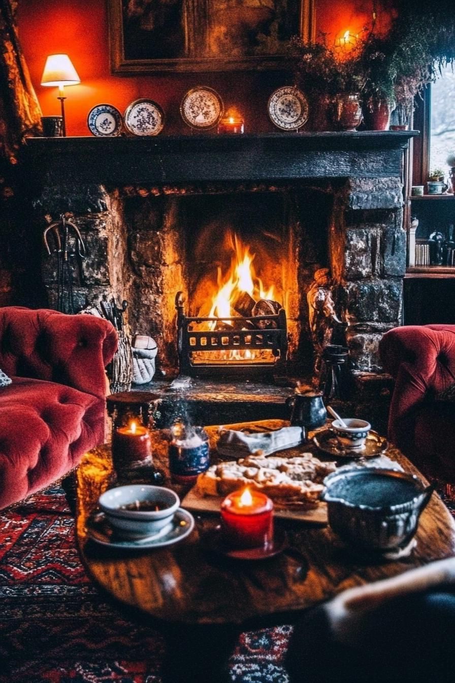 Cozy, fire-lit cottage interior with snacks and drinks on a wooden table