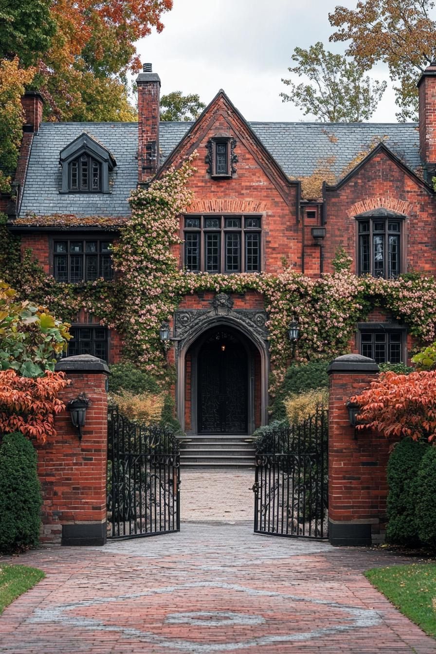 red brick English manor house facade with flower vines front yard with geometric shrubs front red brick fence with iron gate