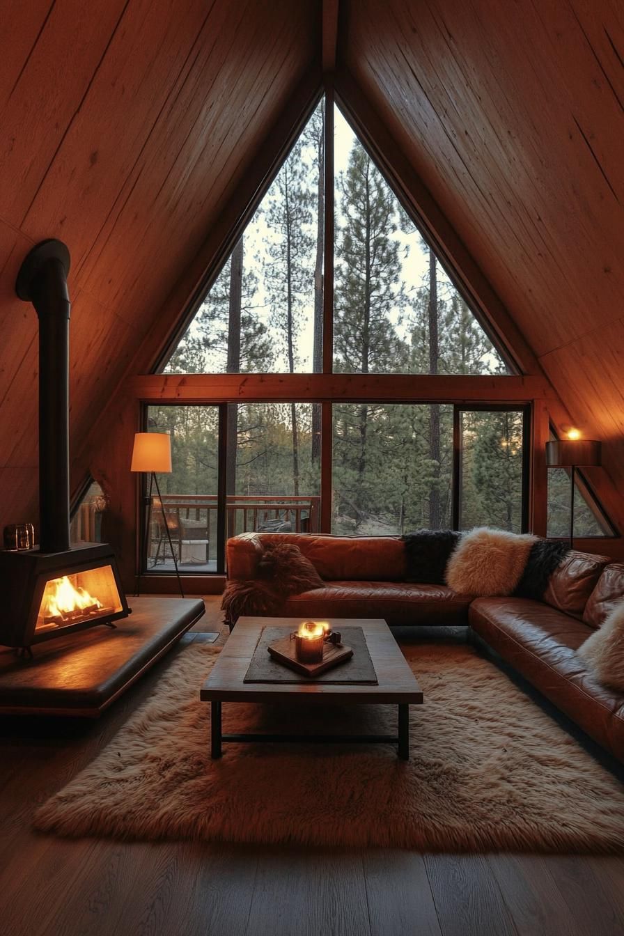 interior of a frame cabin with full wall windows a small metal wood burning stove hanging from pipe chimney is against the window natural wood 2