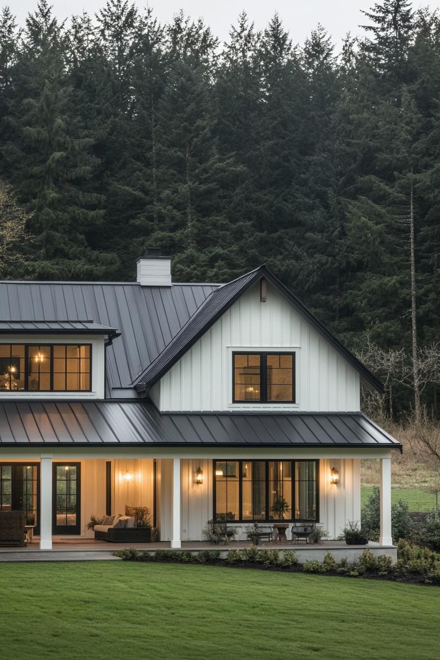 Modern farmhouse with a metal roof surrounded by trees